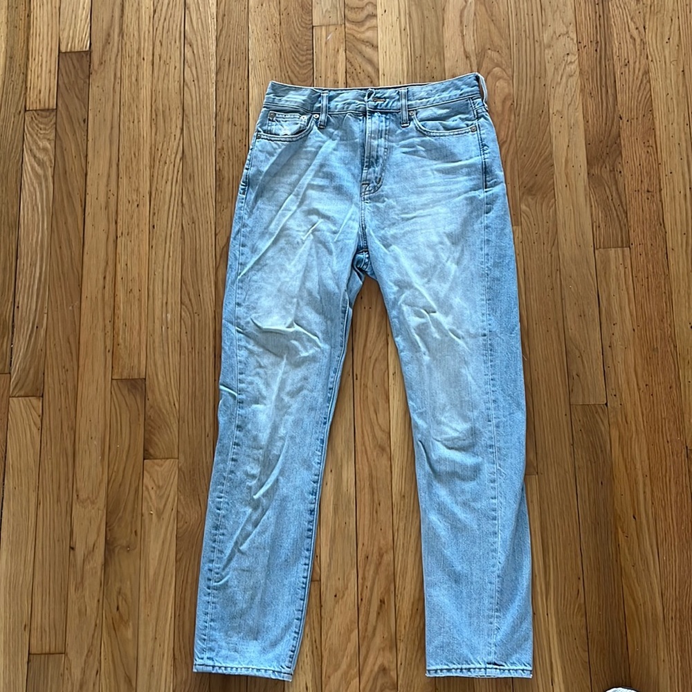 High waisted light wash blue jeans